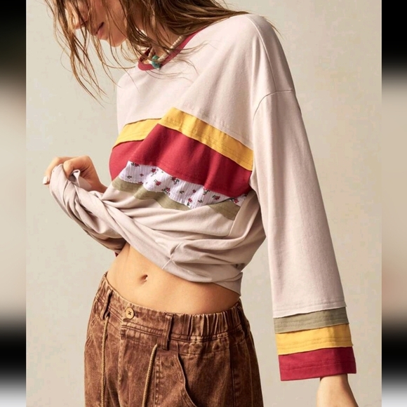 Tops - Women's Casual Knit Patchwork Round Neck 3/4 Sleeve Loose T-Shirt
